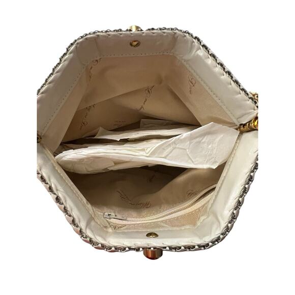 Vintage Signed Whiting Davis Cream Enamel Purse Evening Bag Doorknocker Accent - Picture 6 of 9